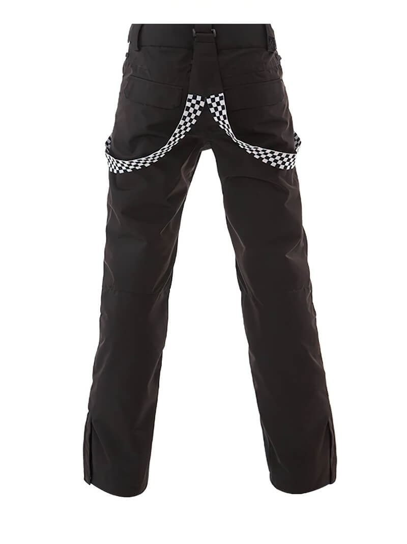 Ladies' fashion strap ski pants, black with checkerboard accents, windproof and waterproof snowboard clothing, style SF0614.