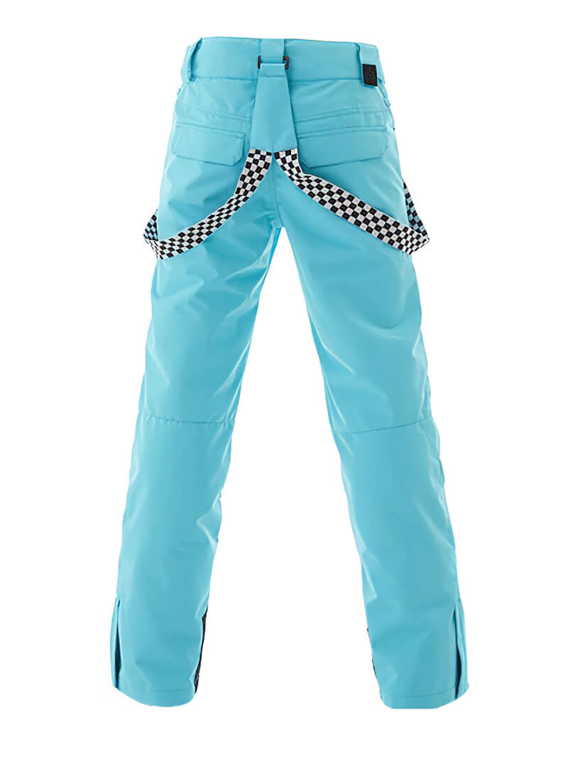 Ladies' fashion strap ski pants in blue, designed for snowboarding with windproof, waterproof material for winter sports.