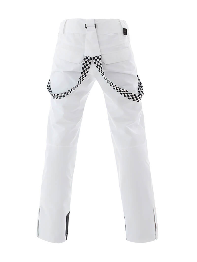 Ladies fashion strap ski pants SF0614 with windproof, waterproof design in white, featuring a fashionable checkered strap.