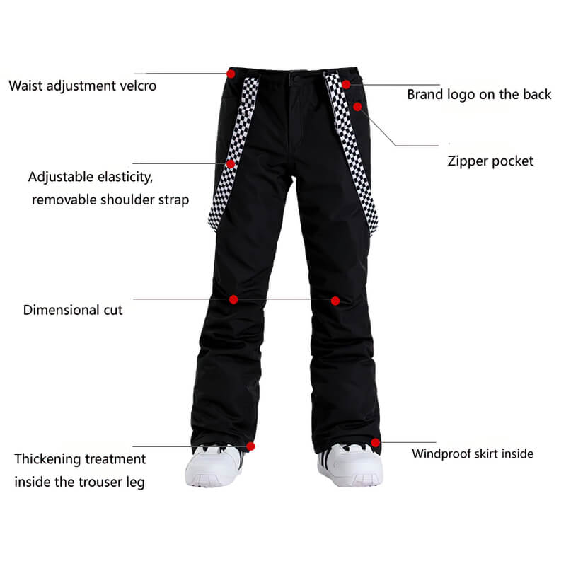 Ladies' fashion strap ski pants with features including adjustable straps, zipper pockets, and windproof design. Ideal for snowboarding.