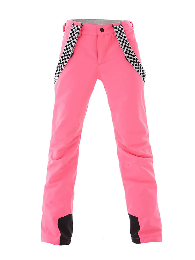 Pink fashion strap ski pants for ladies, featuring windproof and waterproof material, ideal for snowboarding and winter sports.