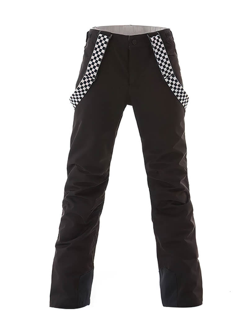 Women's fashion strap ski pants SF0614, black with checkered straps, windproof waterproof snowboarding clothing for winter.