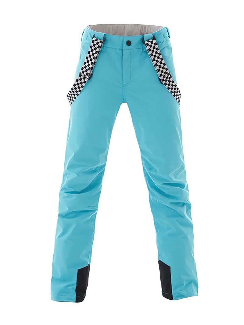 Ladies' blue fashion strap ski pants with checkered suspenders, windproof and waterproof for snowboarding.