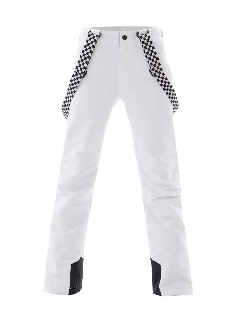 Fashionable women's white ski pants with checkered straps, windproof, waterproof, breathable. Perfect for snowboarding. Model SF0614.