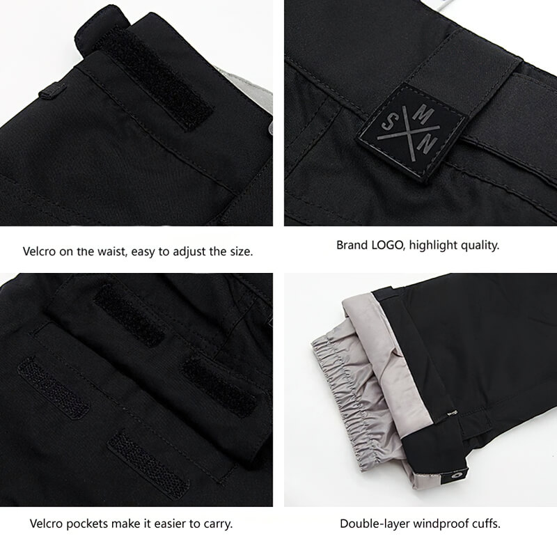 Close-up details of ladies' fashion strap ski pants showcasing velcro waist, brand logo, velcro pockets, and double-layer cuffs.