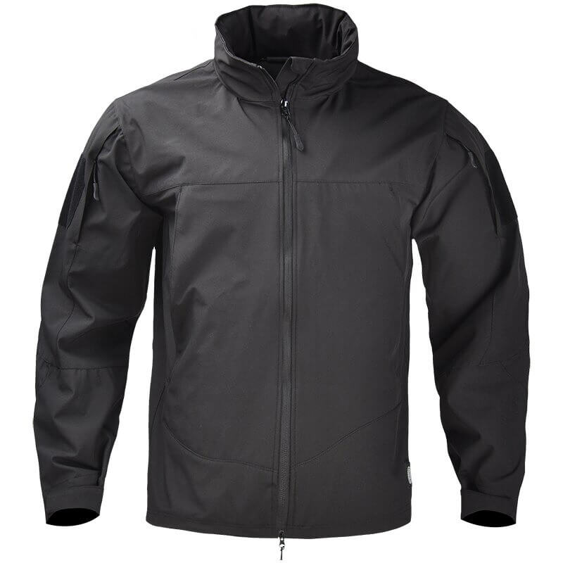 Men's black tactical jacket with hood, windproof, waterproof, polyester, SF0590. Ideal for hiking, hunting, and camping.