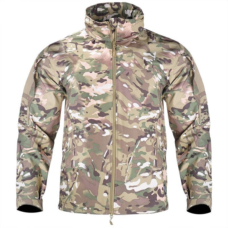 Men’s camo tactical jacket with hood, perfect for hiking and camping. Windproof, waterproof, quick-dry design. Model SF0590.