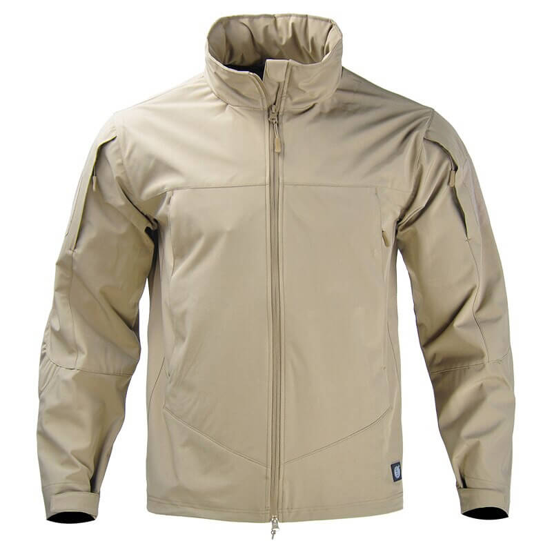 Men's fashion tactical jacket with hood, beige windbreaker, breathable polyester, waterproof, ideal for hiking and camping.