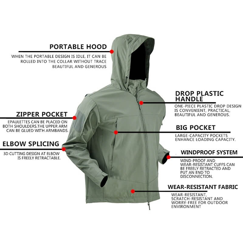 Men's tactical jacket with hood, showcasing design features like zipper pocket, elbow splicing, and windproof system for outdoor adventures.