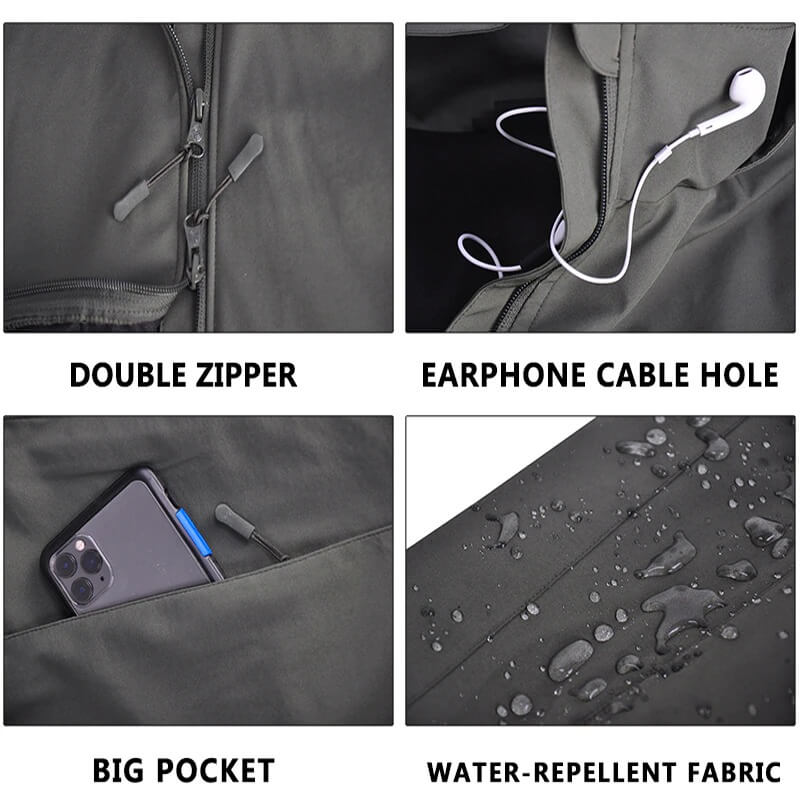 Collage of features on a tactical jacket: double zipper, earphone cable hole, big pocket with phone, and water-repellent fabric.