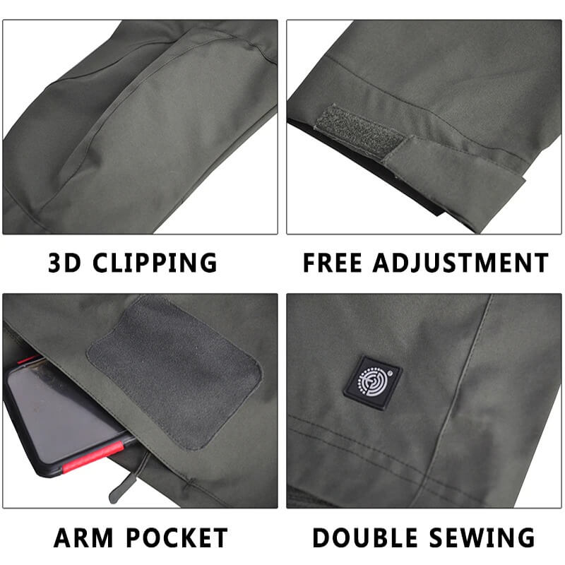 Close-up details of men's hunting windbreaker SF0590 showcasing 3D clipping, free adjustment, arm pocket, and double sewing features.