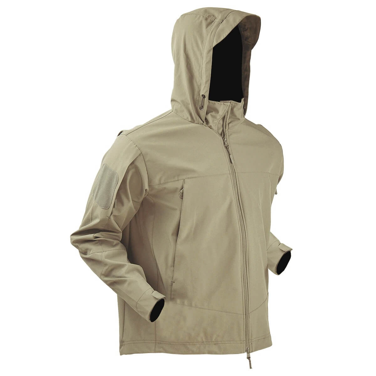 Men's beige tactical jacket with hood, waterproof and windproof design, ideal for camping and hiking. Model SF0590.