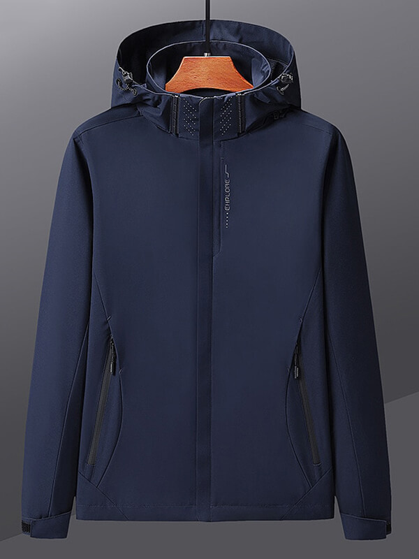 Stylish men's thin windbreaker, outdoor sports jacket in navy blue with hood, lightweight and breathable for camping and hiking.