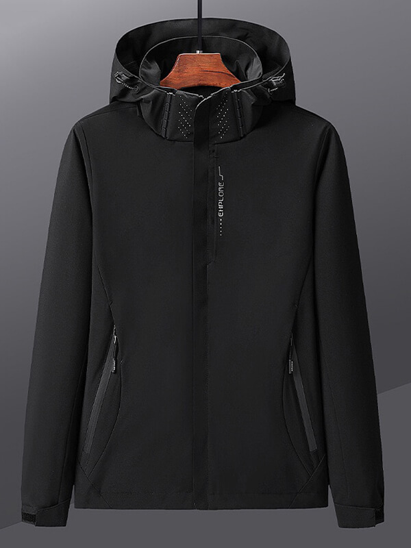 Black men's thin windbreaker jacket SF0781 for outdoor sports, featuring a hood and sleek design, perfect for camping and hiking.