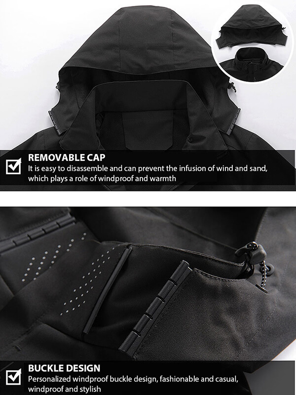 Close-up of men's windbreaker with removable cap and buckle design, showcasing windproof features perfect for outdoor activities.