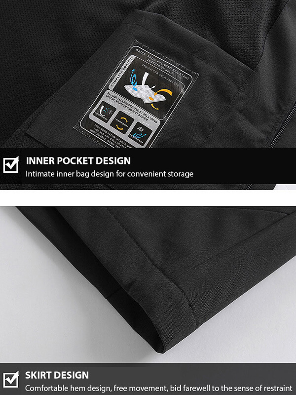 Close-up of men's windbreaker inner pocket and skirt design showcasing convenient storage and comfortable hem for outdoor activities.