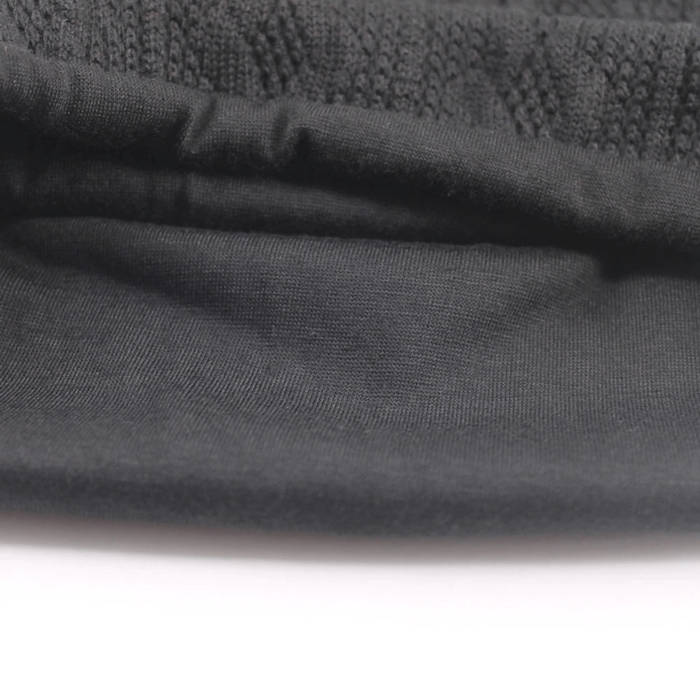 Close-up of a stylish black knit beanie for men and women, showcasing soft cotton-polyester blend and unique casual sports design.