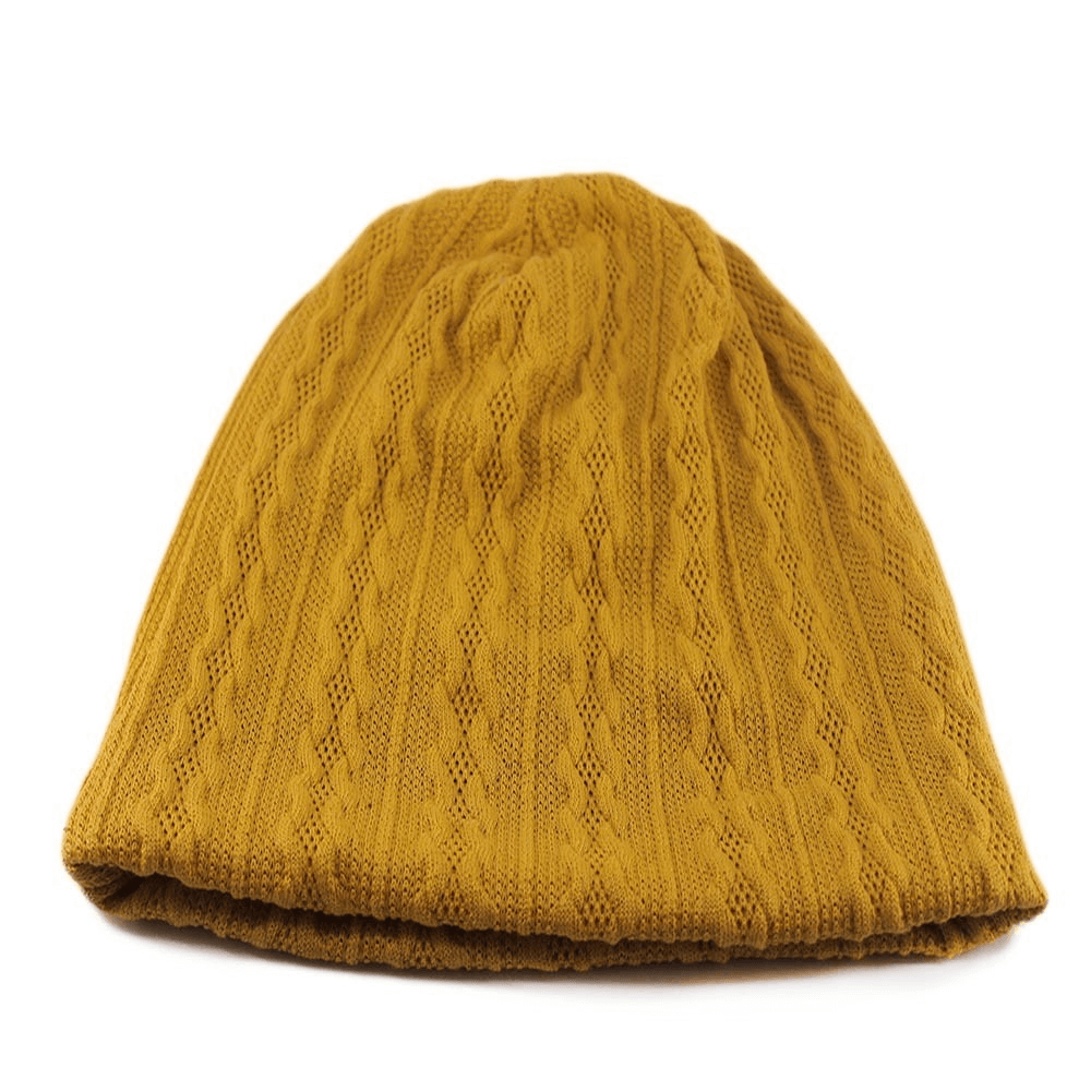 Golden brown knit beanie for men and women with a stylish striped pattern, crafted from soft cotton and polyester for warmth.