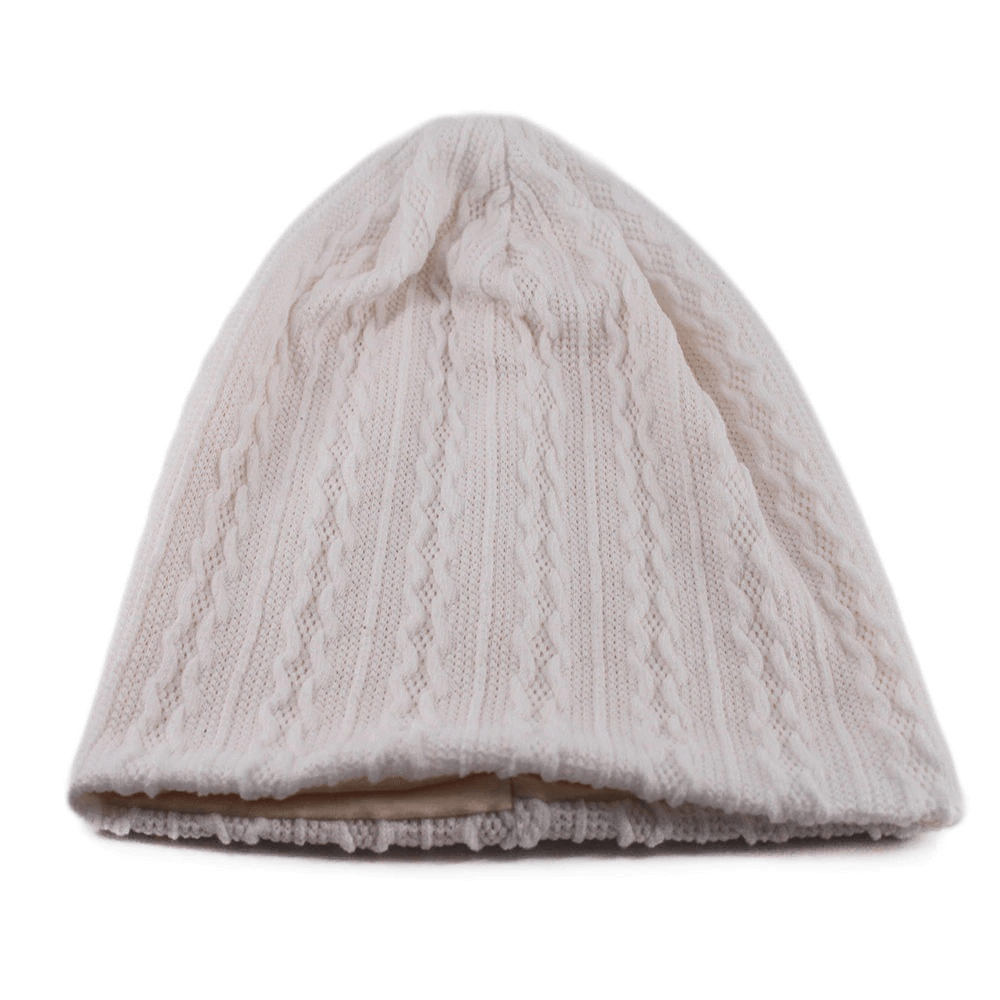 Cream knit beanie for men and women, perfect for keeping warm with a stylish striped pattern. Soft cotton and polyester blend.