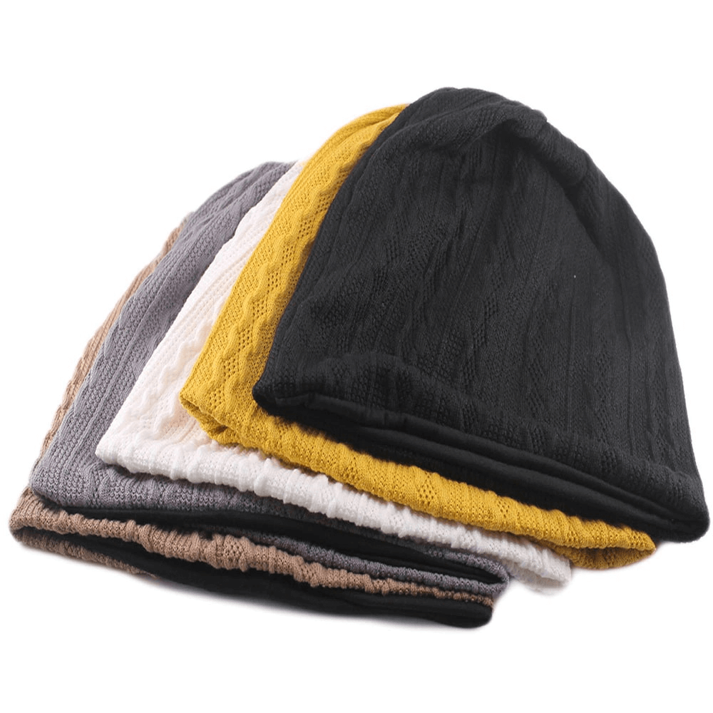 Stack of fashion warm beanies for men and women, featuring various colors and a casual soft knit design, perfect for style and warmth.