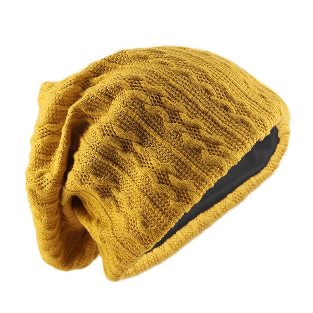 Casual soft knit beanie in mustard yellow, perfect for men and women, featuring a warm cotton-polyester blend with a stylish striped pattern.