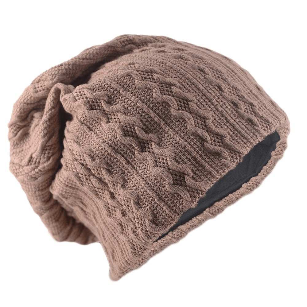 Warm fashion beanie for men and women, casual soft knit hat in brown with unique striped pattern, perfect for modern style.
