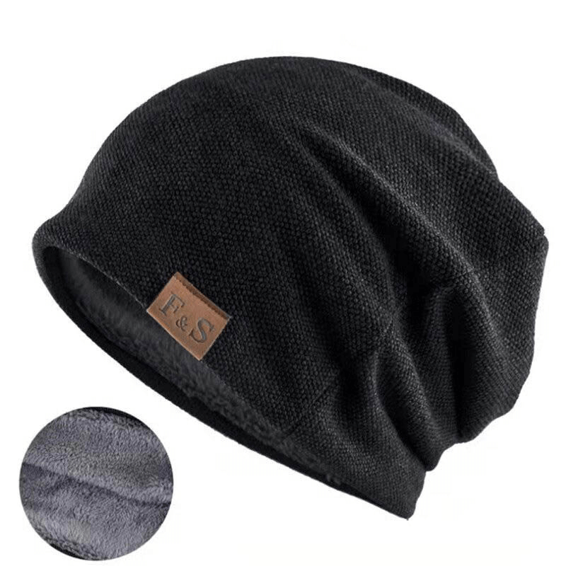 Black soft knitted beanie with fur lining for outdoor sports, features casual style and letter pattern, unisex winter apparel.