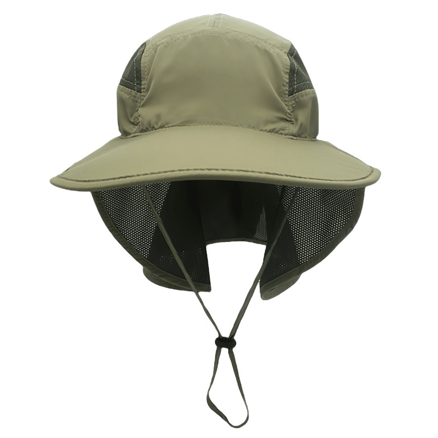 Wide-brimmed UV sun hat with neck protection in khaki, featuring breathable mesh sides and UPF 50+ protection for outdoor safety.