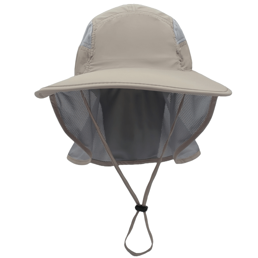 Beige wide-brimmed UV sun hat with neck protection and adjustable strap, offering UPF 50+ protection for outdoor activities.