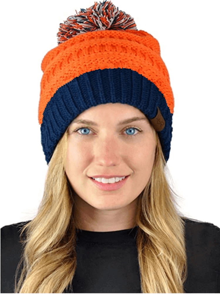 Fashion Warm Two-Tone Pom Pom Knit Hat for Women - SF0386