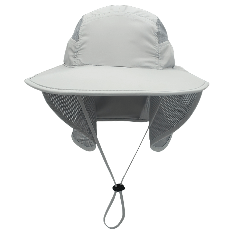 Multi-functional wide-brimmed UV sun hat with neck protection, unisex design, UPF 50+ protection, lightweight polyester.