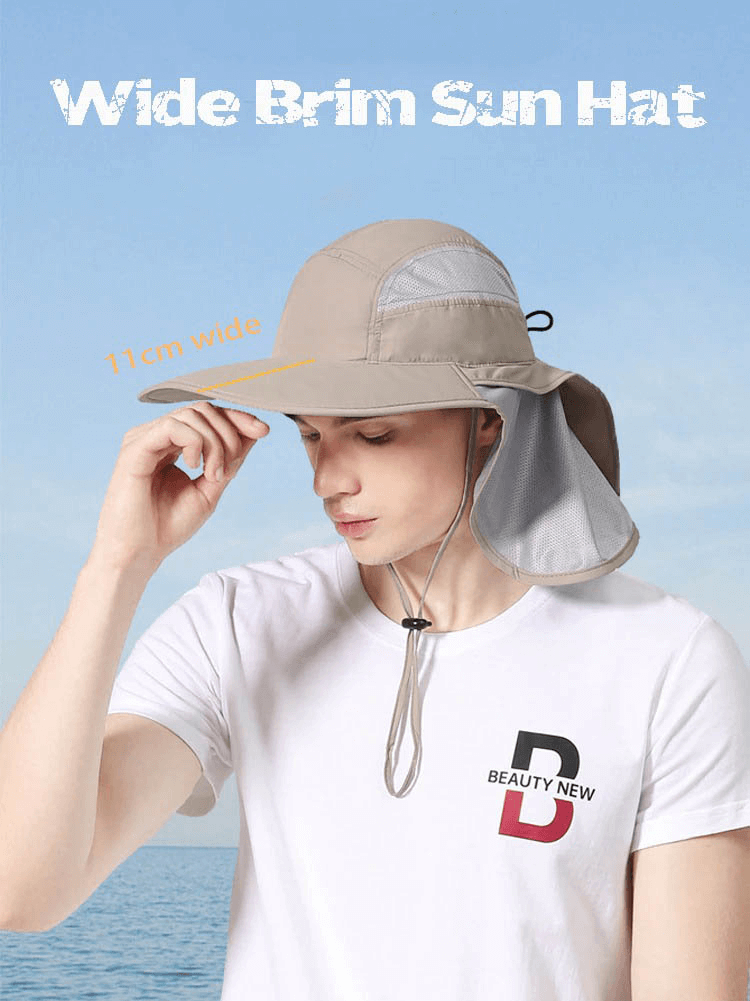 Man wearing a wide-brimmed sun hat with neck protection, offering UPF 50+ UV defense, perfect for outdoor activities.