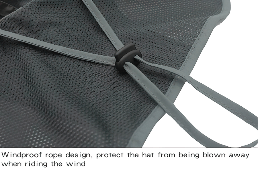 Close-up view of the windproof rope design on the multi-functional UV sun hat, showing its secure fit feature against wind.