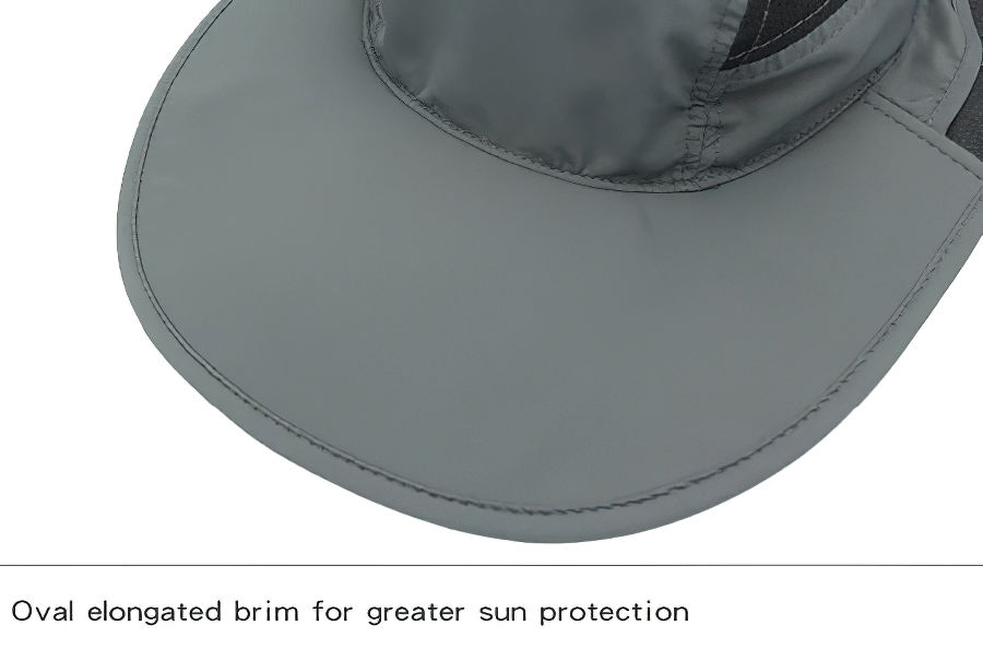 Close-up of a green wide-brimmed sun hat, featuring an oval elongated brim for enhanced UV protection, perfect for outdoor activities.
