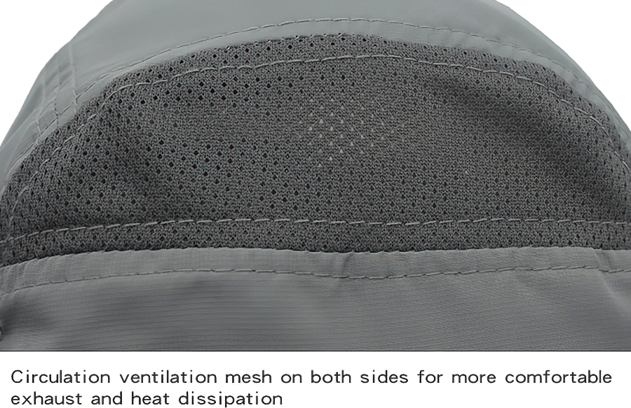 Close-up of circulation ventilation mesh on multi-functional UV sun hat for enhanced comfort and heat dissipation.