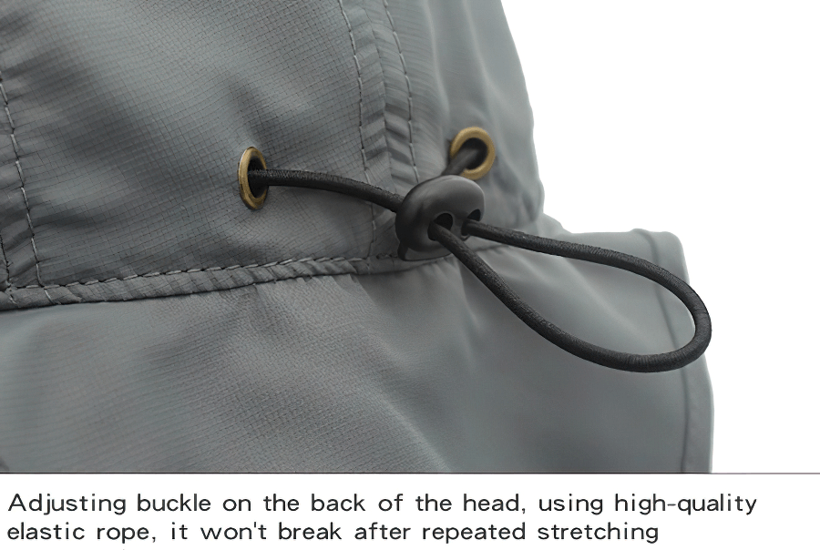 Close-up of adjustable buckle with durable elastic rope on a gray UV sun hat, ensuring a comfortable fit and long-lasting wear.