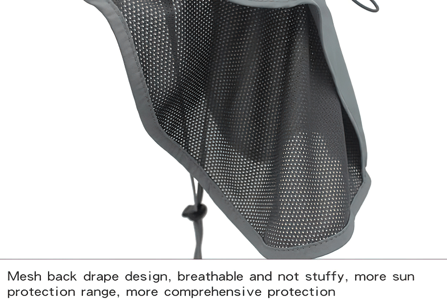 Close-up of multi-functional sun hat's mesh back drape design for enhanced breathability and UV protection, SF0388 model.