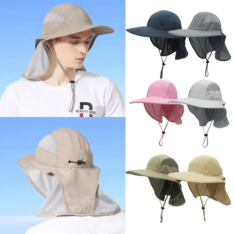 Multi-functional wide-brimmed UV sun hat with neck protection in various colors, offering UPF 50+ for outdoor safety.