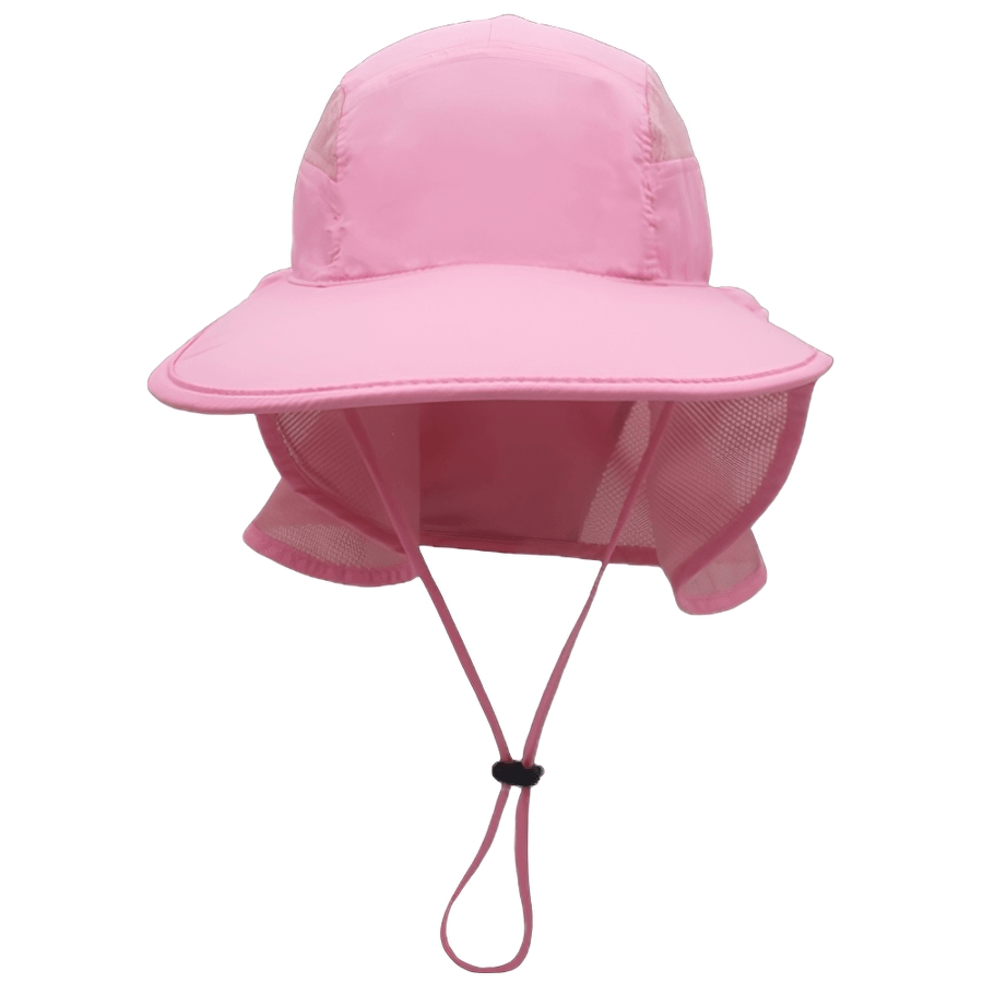 Pink multi-functional wide-brimmed sun hat with neck protection and UPF 50+ for UV safety, unisex design, lightweight polyester.