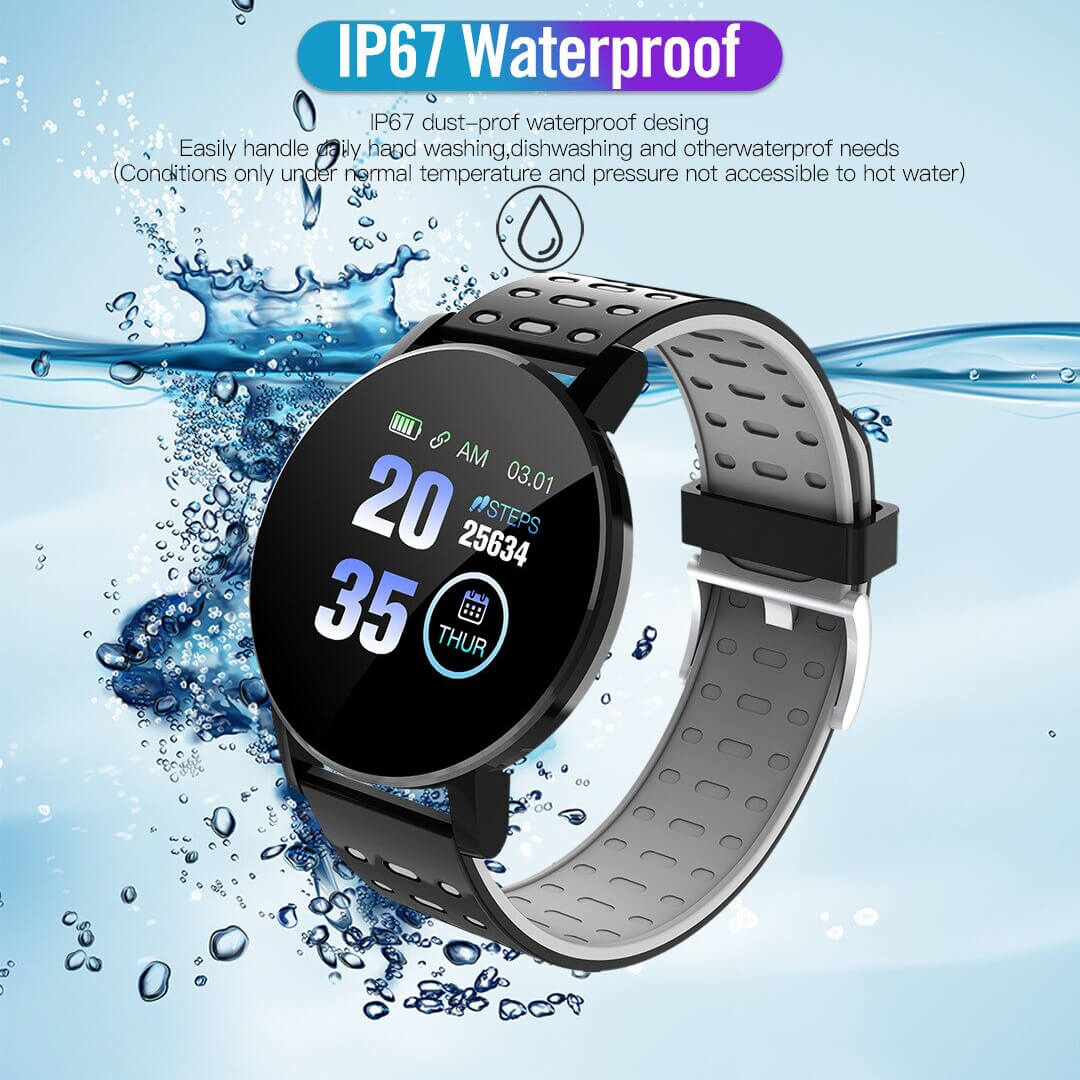 Fashion waterproof smart watch for men and women SF0493 with fitness tracker and IP67 waterproofing.