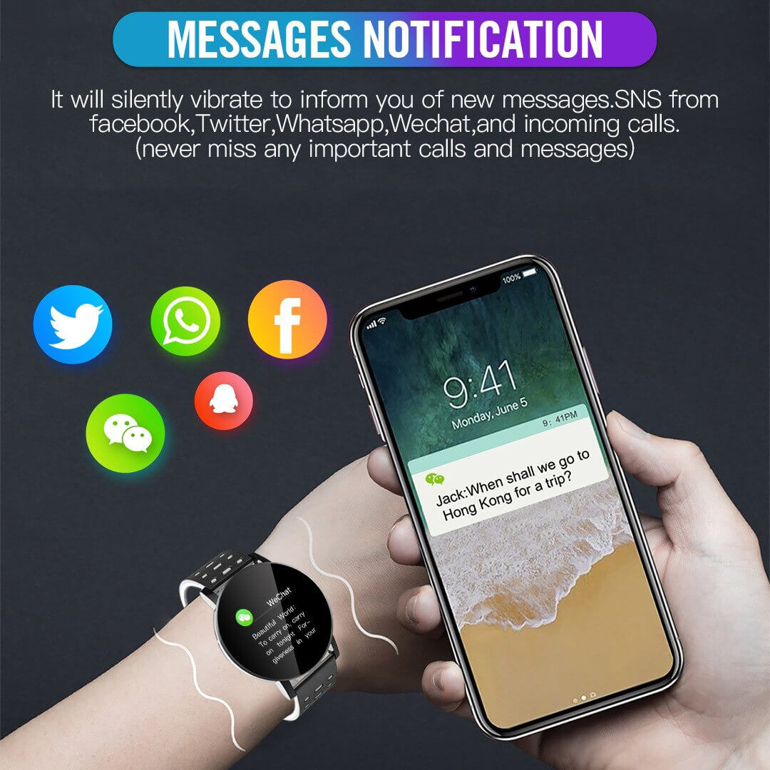 Fashion waterproof smart watch with message notifications connected to a smartphone, showcasing social media and messaging apps. Unisex design.