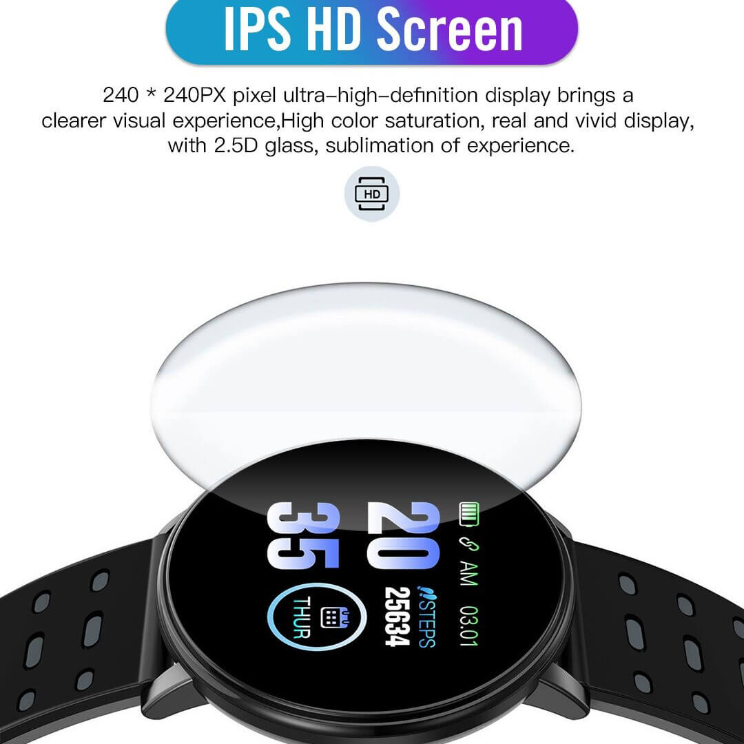 Fashion waterproof smart watch with IPS HD screen, displaying time and fitness data. Perfect for stylish men and women seeking tech.