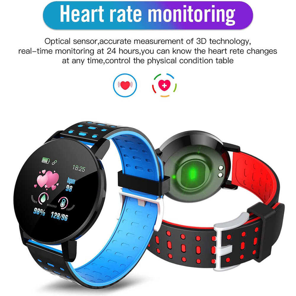 Stylish unisex smart watch with waterproof design, heart rate monitoring, and fitness tracking features, black, blue, and red bands.