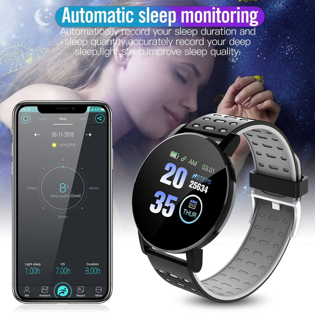 Fashion waterproof smart watch displaying sleep monitor paired with smartphone showing sleep data, perfect for unisex fitness.