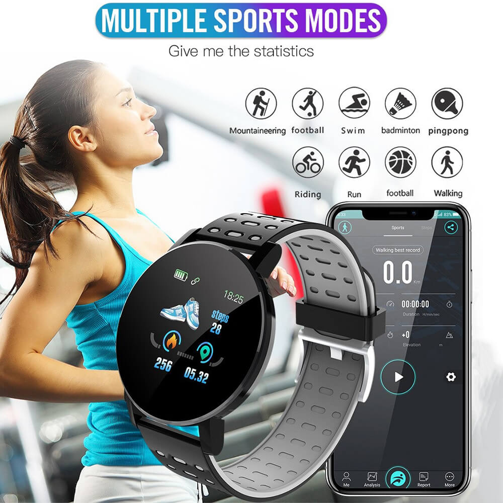 Stylish smart watch displaying sports stats, worn by an active woman, highlighting its waterproof and fitness tracking features.