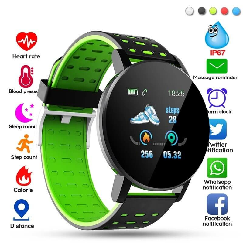 Green waterproof smart watch showing fitness tracking features and social media notifications on screen.