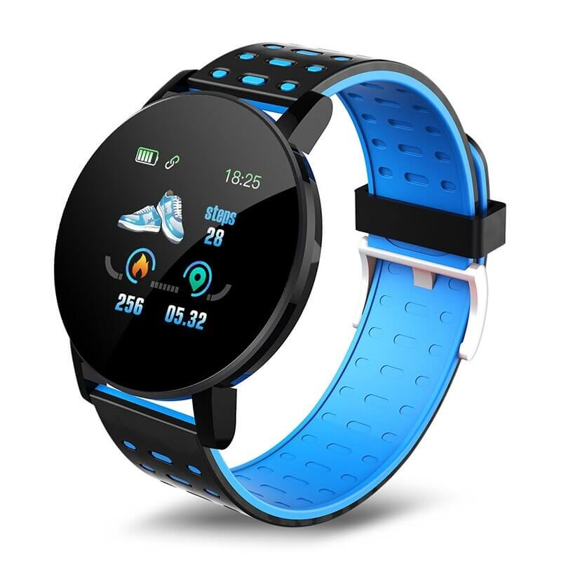 Fashion waterproof smart watch SF0493 for men and women with fitness and sleep tracking, shown in black and blue design.