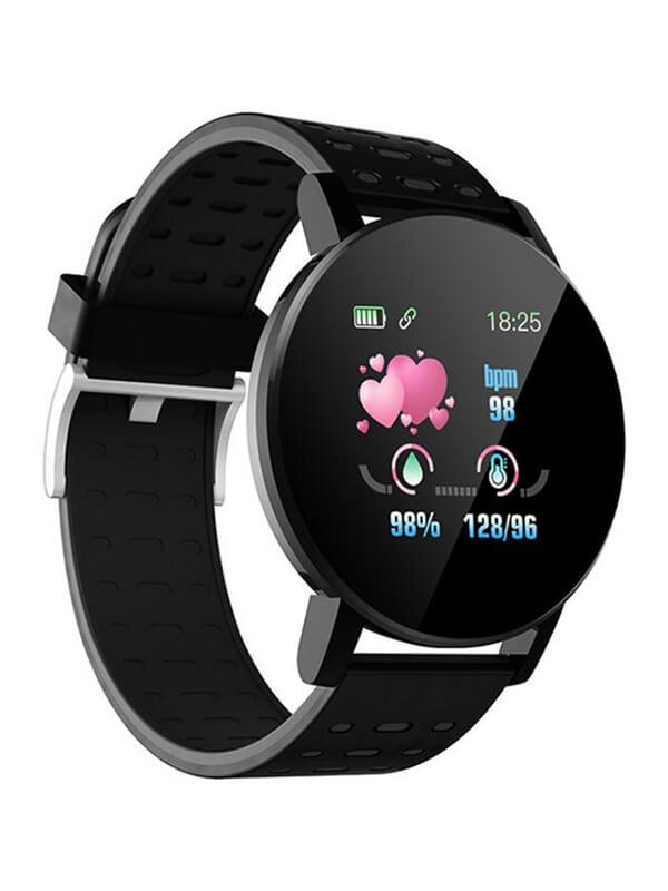 Fashion waterproof smart watch SF0493 with heart rate monitor, black strap, unisex design