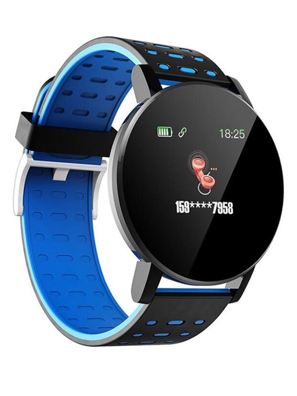 Fashion waterproof smart watch for men and women SF0493 featuring fitness and sleep tracking with blue and black band.