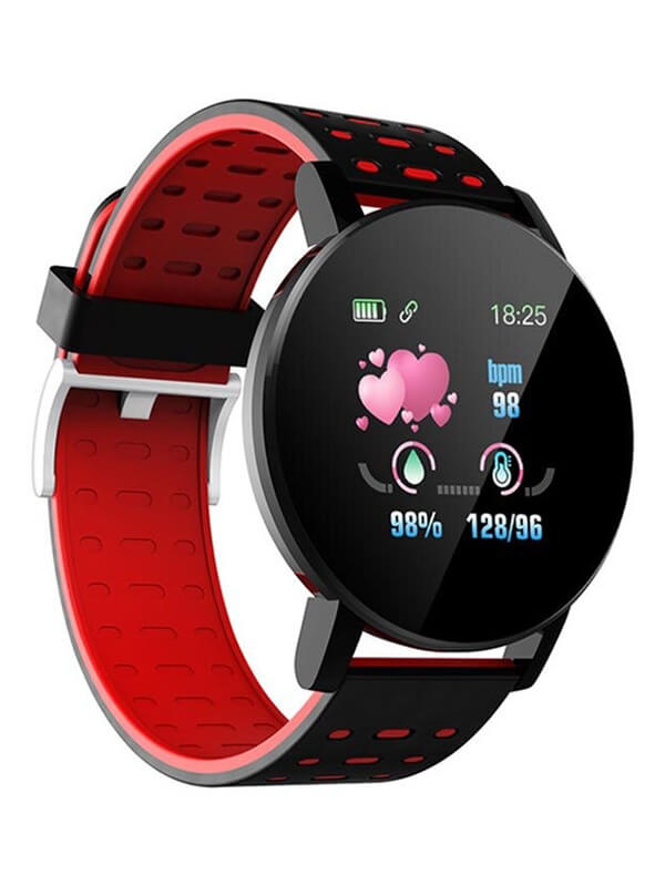 Fashion waterproof smart watch SF0493 unisex with red and black design, fitness tracker, language support, heart rate display.